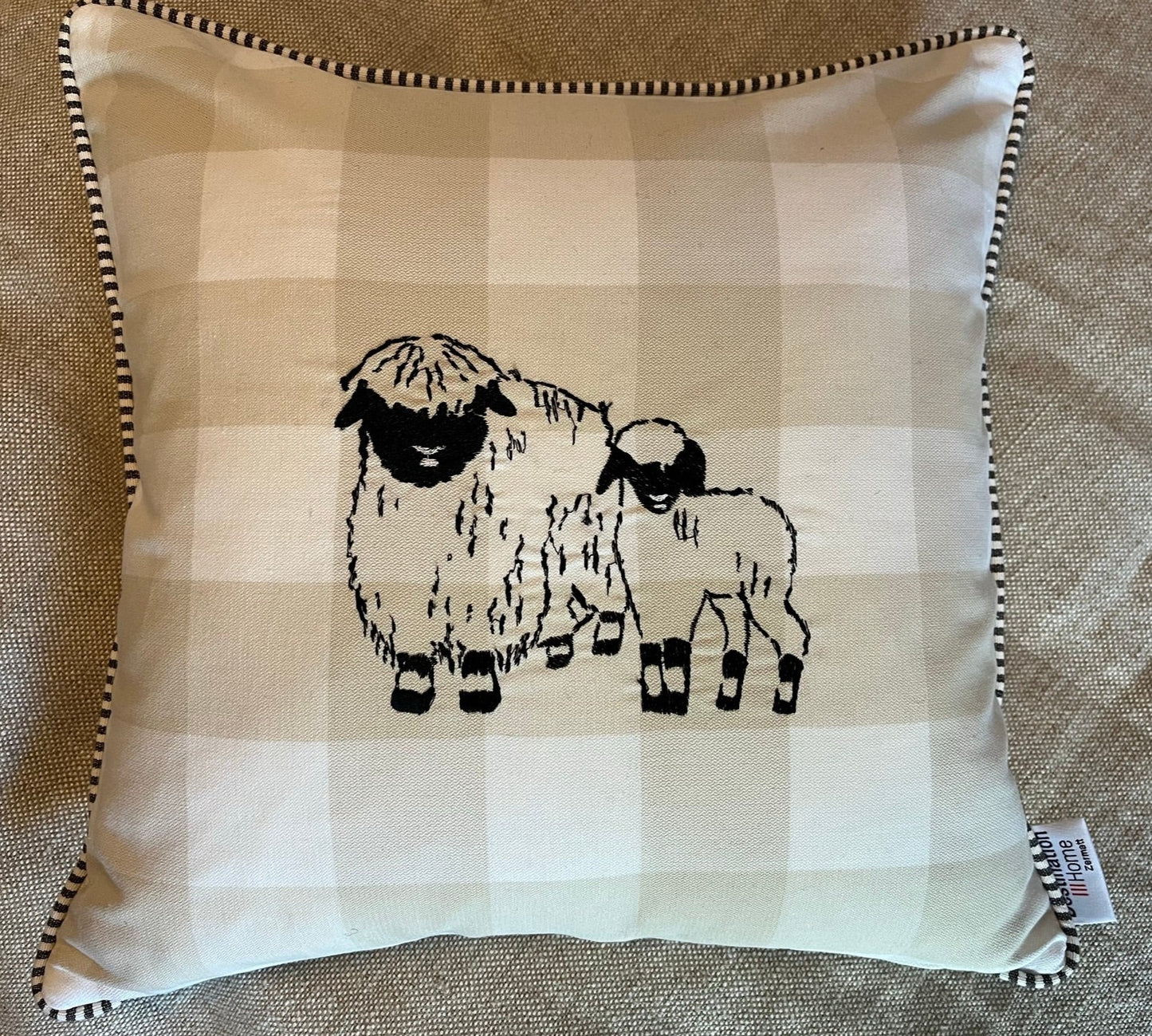 Blacknose sheep cushion cover, two sheep, orange/white