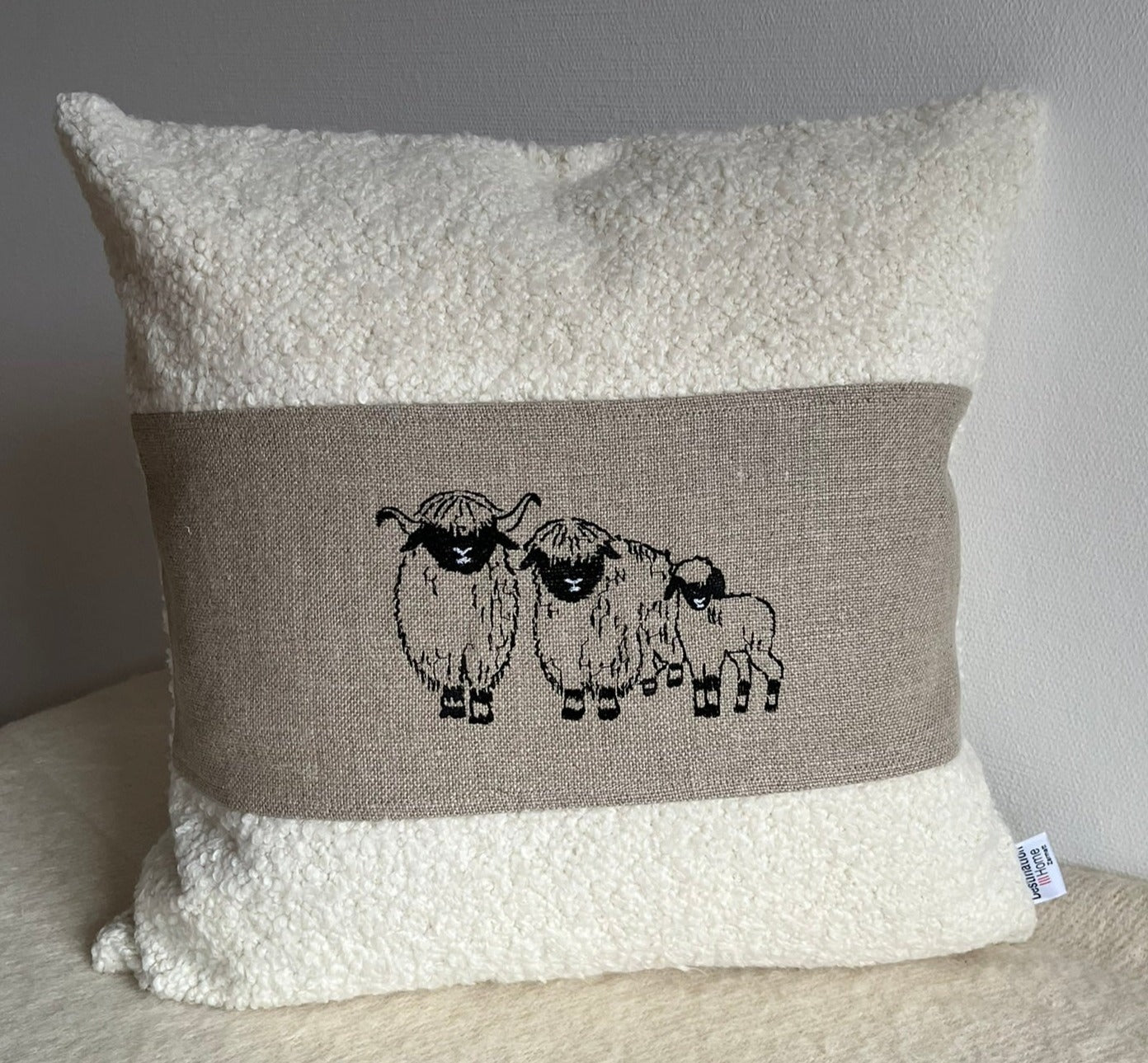 Blacknose sheep cushion cover, three sheep, curly white