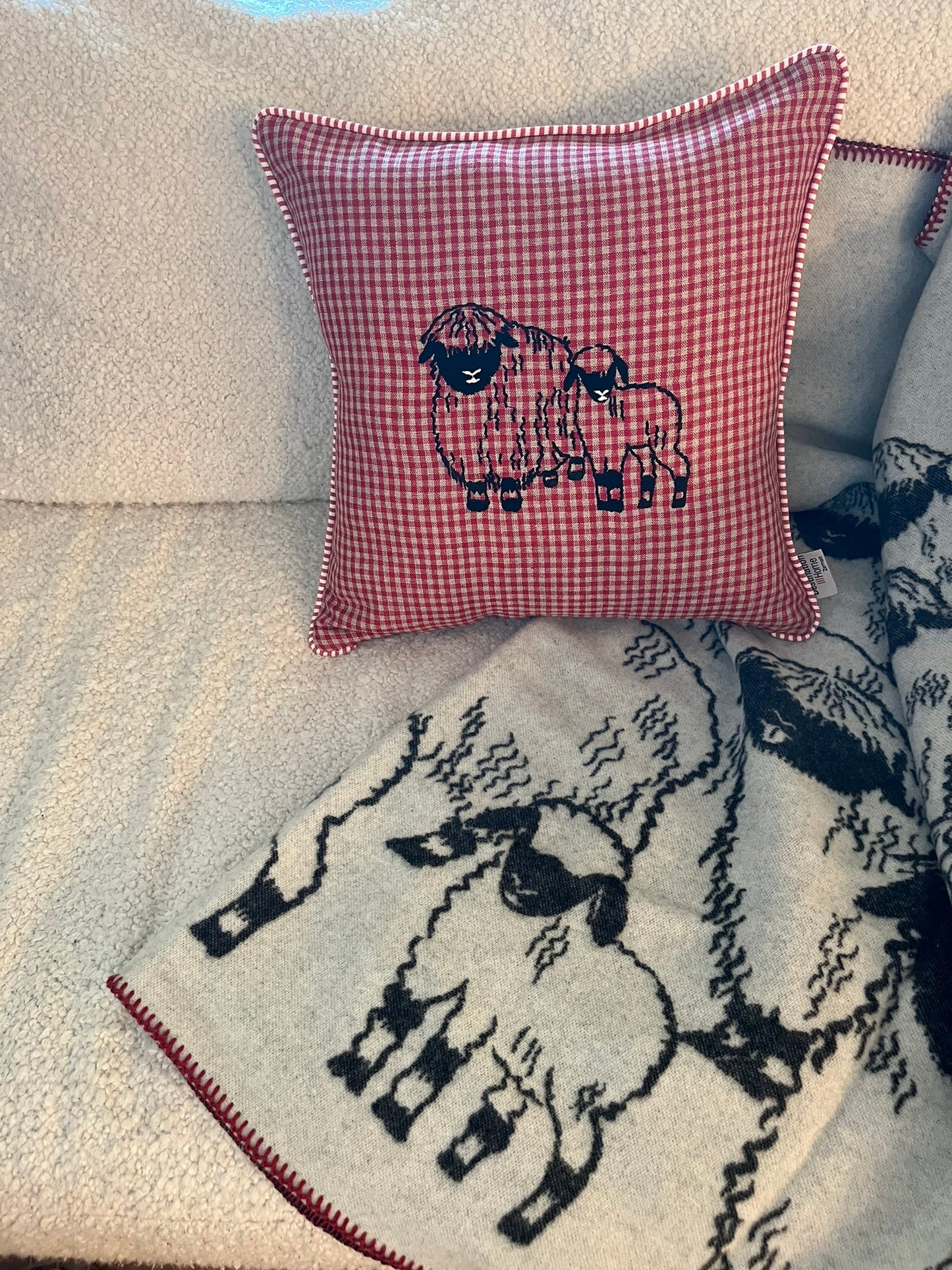 Blacknose Sheep cushion cover, two sheep, red