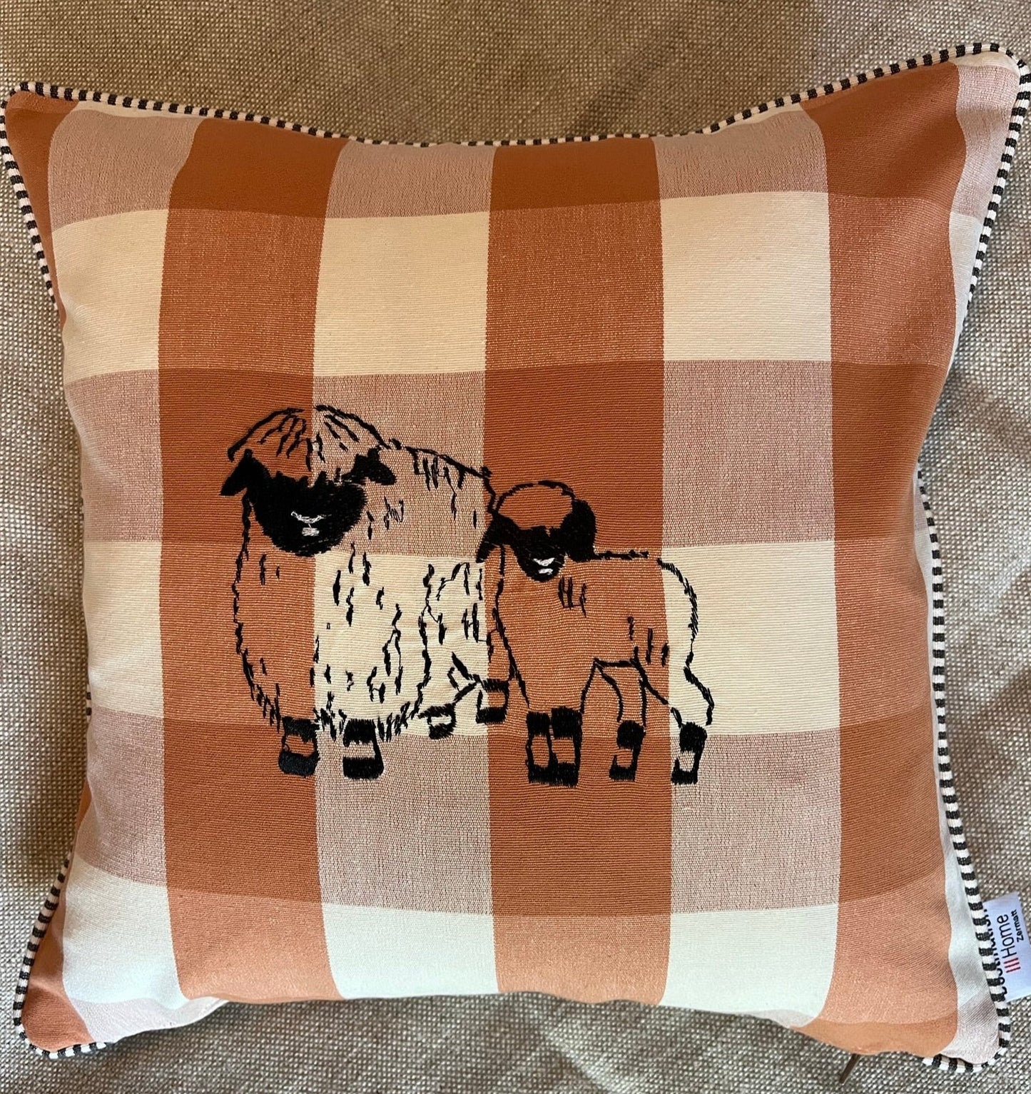Blacknose sheep cushion cover, two sheep, orange/white
