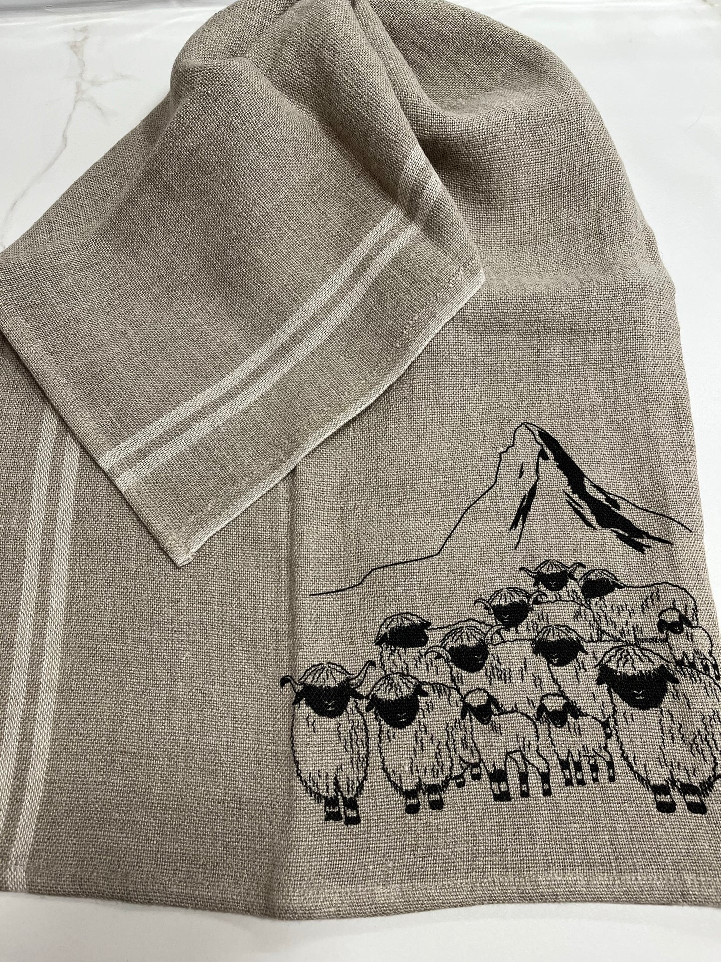 Blacknose sheep dish towel, linen w/white stripes