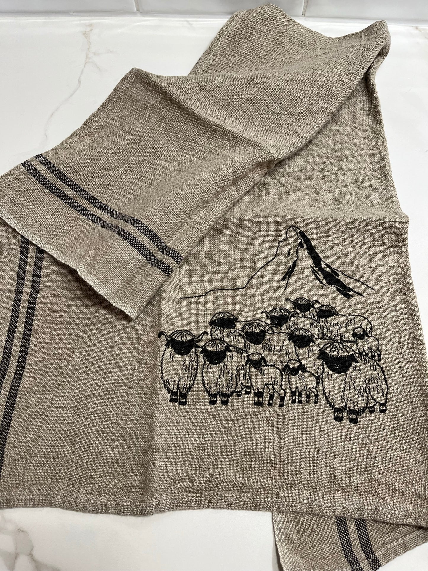 Blacknose sheep dish towel, white w/black stripes