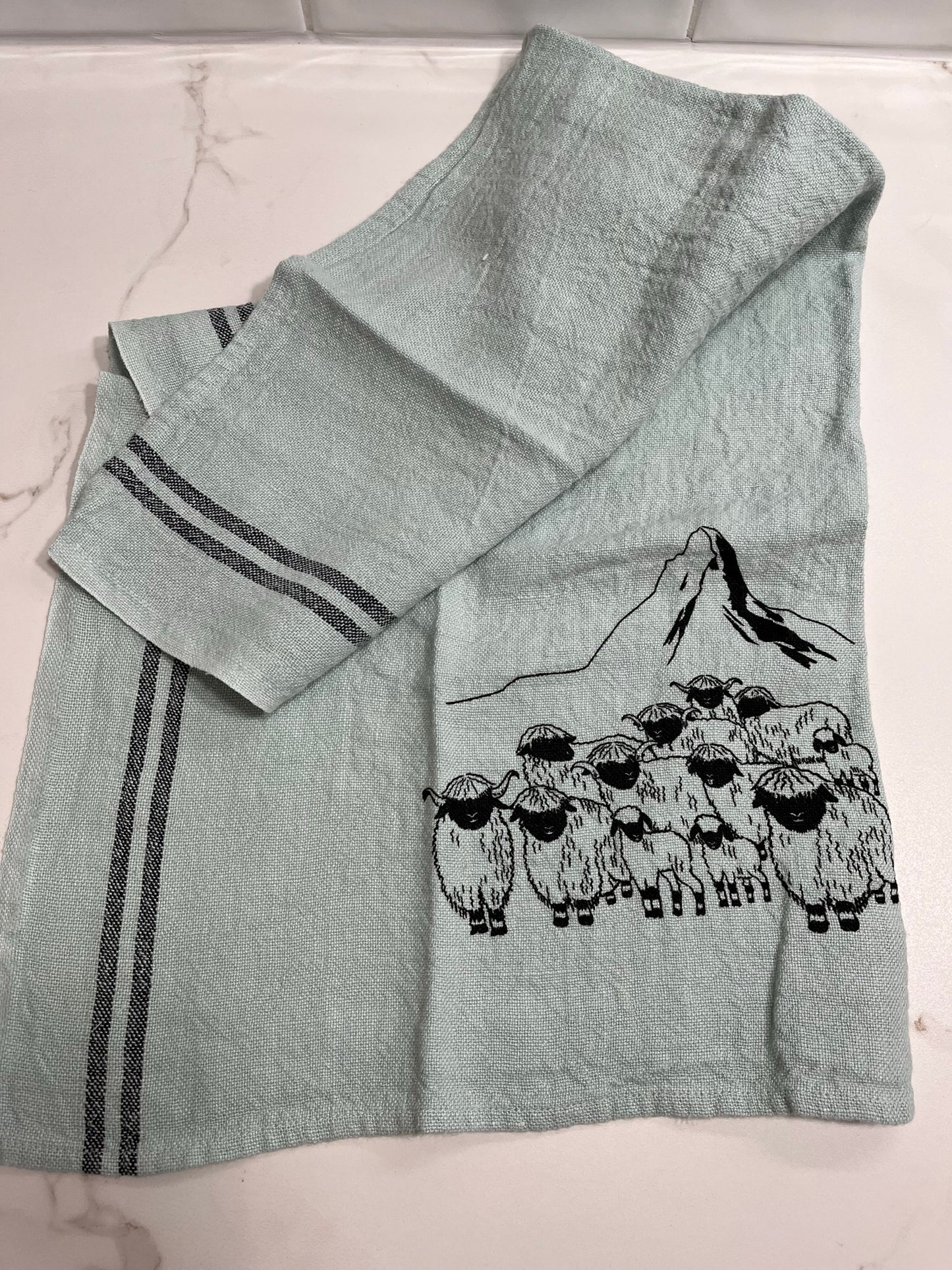 Blacknose sheep dish towel, linen w/black stripes