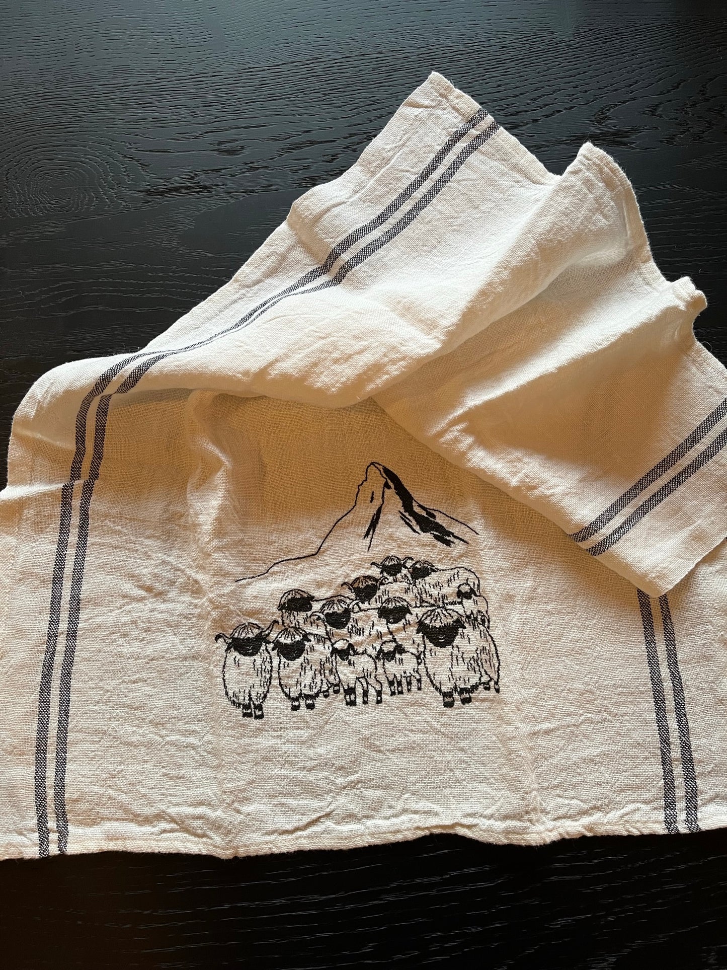 Blacknose sheep dish towel, linen w/black stripes
