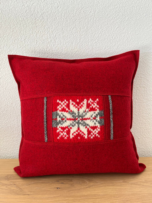 Cushion cover with handknitted details, red