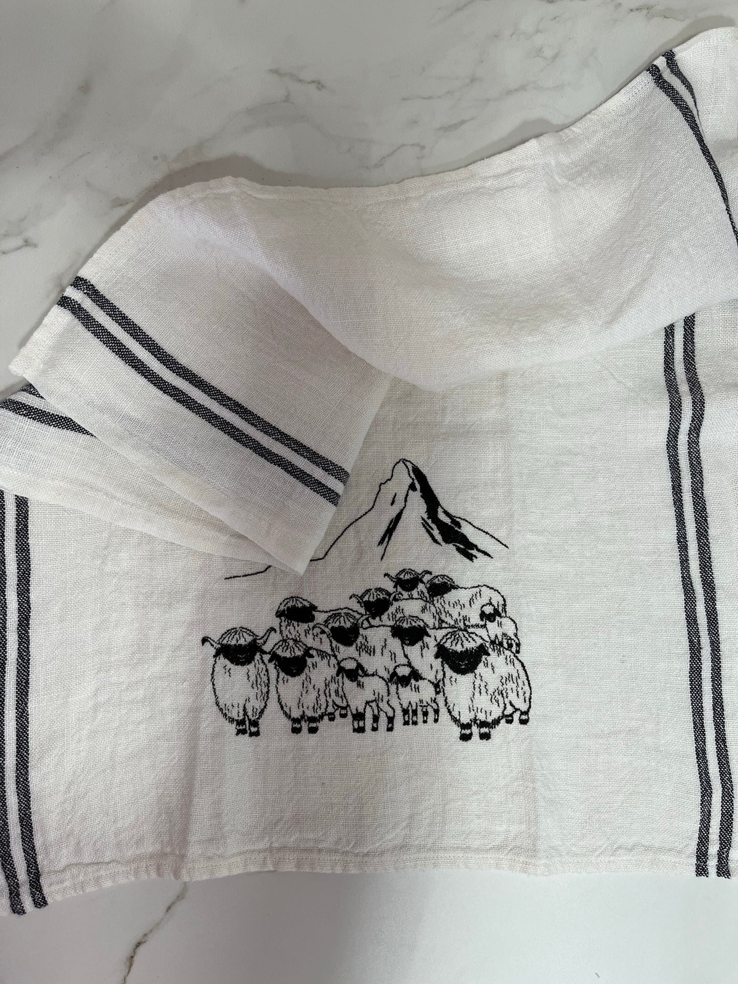 Blacknose sheep dish towel, white w/black stripes